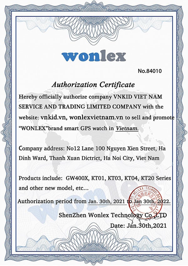 Chứng nhận phân phối đồng hồ chính hãng Wonlex của Vnkid Việt Nam